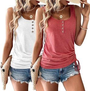 Ladies Tank Tops, Two-PACK Summer Tank Tops for Ladies 2025, Sleeveless U-Neck Casual Henley Shirts with Loose Buttons
